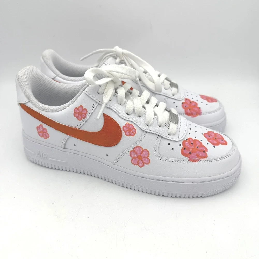 Nike Air Force‎ 1 Low Custom Floral Hand Painted White Orange Pink Sneakers